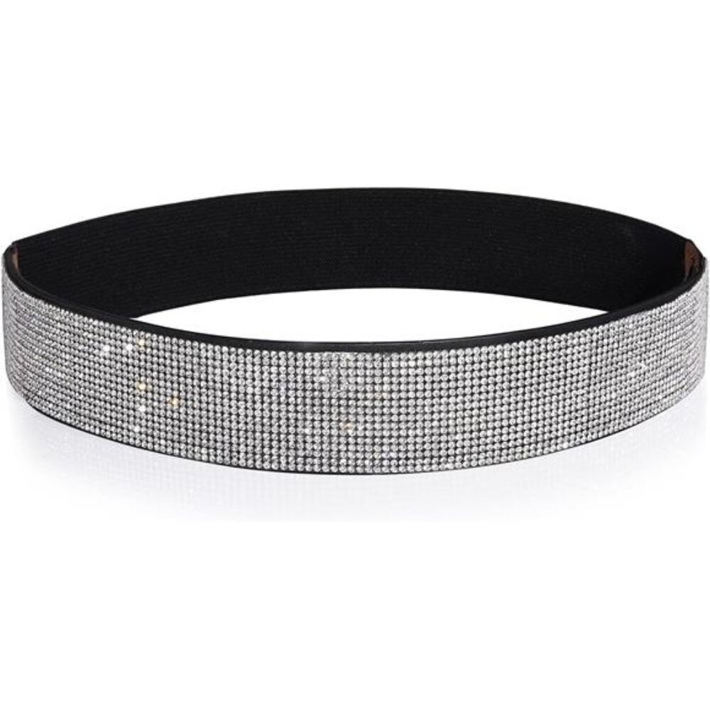Rhinestone Elastic PU Leather Belt Shiny Crystal Stretch Waist Belt Wide Waist